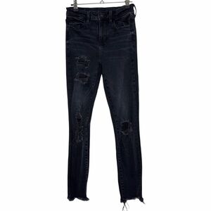 American Eagle Hi Rise Jeggings Black Distressed Raw Hem Pockets Grunge Emo 4